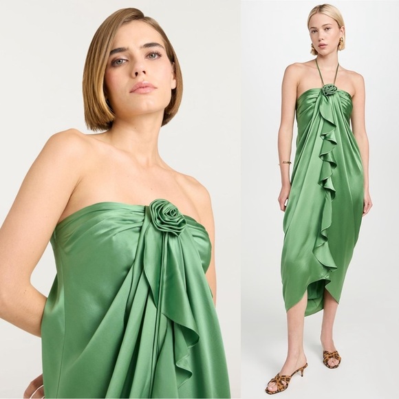 NWT CINQ A SEPT Pistachio Silk Satin Rosette Halter Neck Ruffle Cocoon Dress 10 - Picture 6 of 15